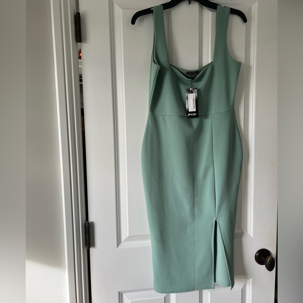 Nasty Gal Sage Green Square Neck Midi Dress - Picture 2 of 4